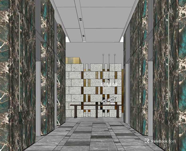 Elevator Lobby Interior Design With Marble Walls Tile Flooring And Decorative Panel 3d model