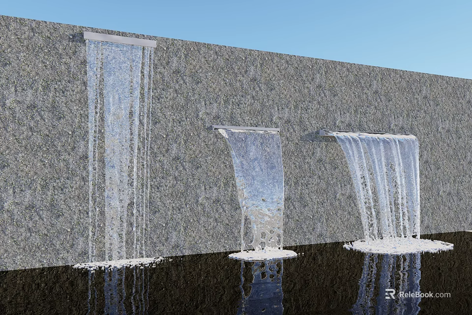 Garden Water Feature With Stone Wall And Three Flowing Water Reflections 3d model 