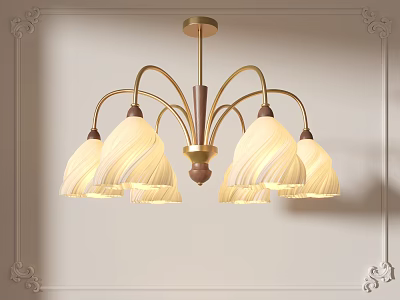 Luxurious Modern Chandelier with Golden Metal Frame and Multiple Wavy White Fabric Lampshades 3d model