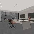 Modern Open Office Interior With White Desk Brown Chairs Large Window And Bookshelves