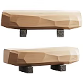 Modern Wooden Bench With Geometric Carved Design And Black Stone Bases