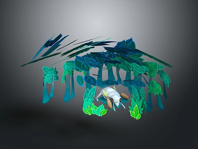 Game Movie Character Climbing Through Blue And Green Leafy Structure Design 3d model