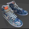 Blue And White High Top Shoes With Floral Pattern White Laces And Orange Tongue Label