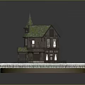 Wooden Cottage With Green Mossy Roof And Spire In Grassy Surroundings