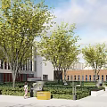 Modern School Building With Green Roof And Sports Field In Tree Surrounded Campus
