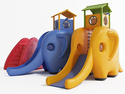Elephant Shaped Playground Equipment with Colorful Slides and Small Roofed Structures for Kids Outdoor Fun 3d model