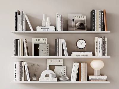 Stylish Decorative Ornaments And Books Arrangement On White Shelves With Clock Vase And Lamp 3d model
