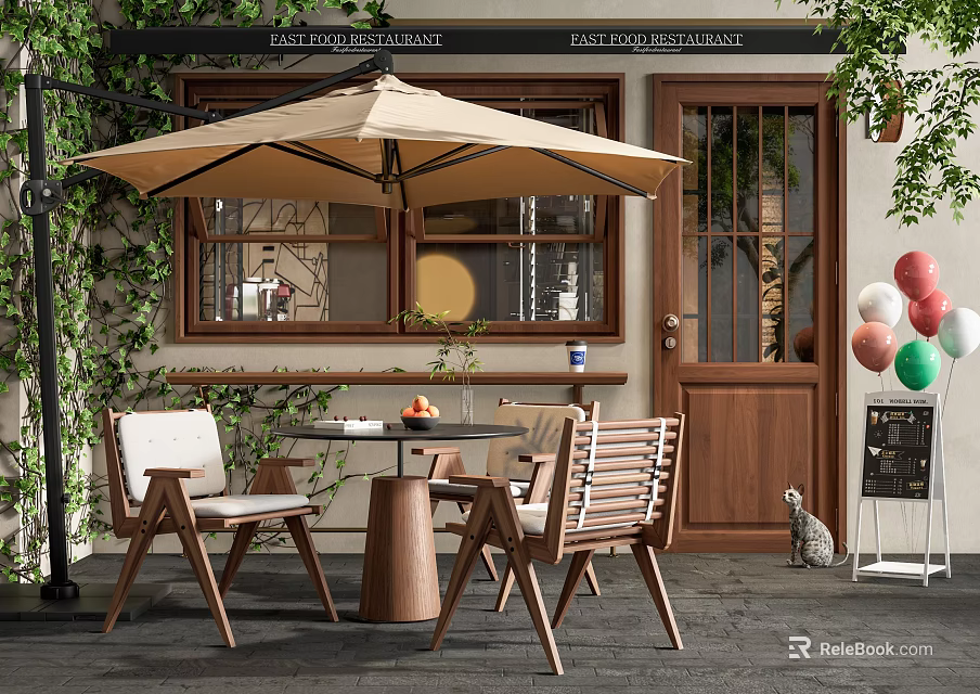 Outdoor Wooden Table with Chairs and Umbrella in Cafe Patio with Green Plants 3d model 