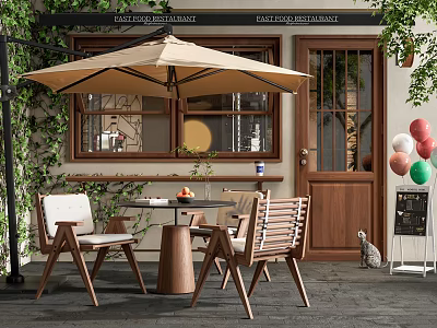 Outdoor Wooden Table with Chairs and Umbrella in Cafe Patio with Green Plants 3d model