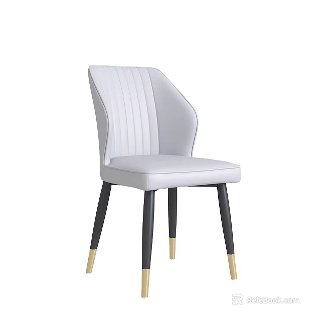 Modern Dining Chair with Striped White Backrest White Seat Cushion Black Legs Gold Toe Caps 3d model 