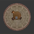 Round Fringed Area Rug With Wooden Table Blue Box And Three Chairs