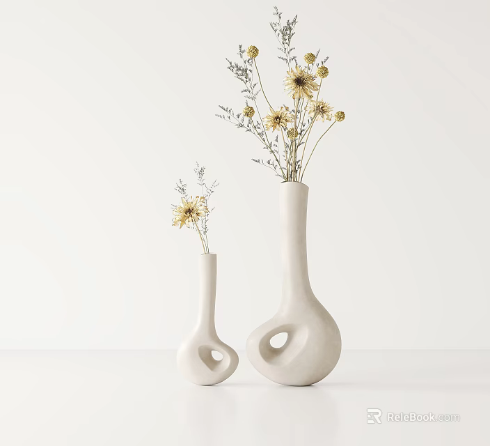 White Ceramic Vases With Dried Yellow Flowers And Minimalist Design On White Background 3d model 