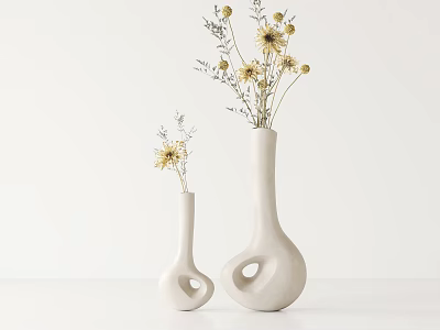 White Ceramic Vases With Dried Yellow Flowers And Minimalist Design On White Background 3d model