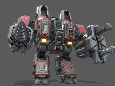 Red and Gray Armored Battle Robot With Heavy Weapons And Mechanical Structure 3d model