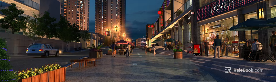 Vibrant Night Commercial Street With Tall Buildings Street Lamps Pedestrians Shops Red Lanterns And Seats 3d model 
