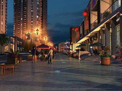 Vibrant Night Commercial Street With Tall Buildings Street Lamps Pedestrians Shops Red Lanterns And Seats 3d model