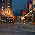 Vibrant Night Commercial Street With Tall Buildings Street Lamps Pedestrians Shops Red Lanterns And Seats