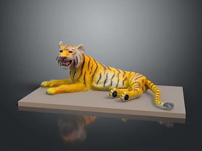 Yellow Black Striped Tiger Model Lying On Light Colored Platform With Gray Background 3d model
