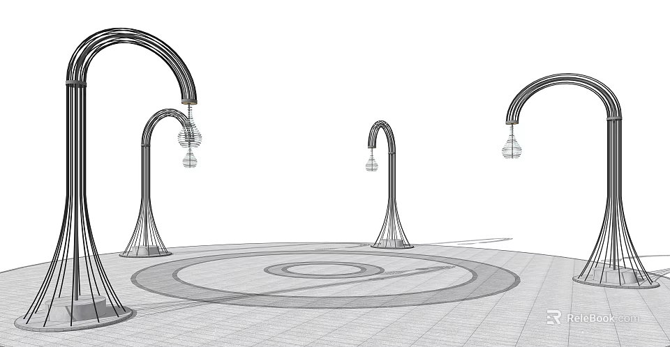 Curved Design Outdoor Lights With Conical Base And Bulb For Circular Ground Outdoor Space 3d model 