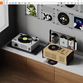 Stylish Vinyl Record Player Audio System With Displayed Records And Wall Decor On Wooden Cabinet