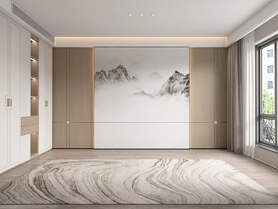 Modern Bedroom Accent Wall With Mountain Art And Cabinets 3d model