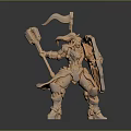 Intricate Warrior Sculpture Carving With Hammer Shield Flag And Dynamic Pose 3d model