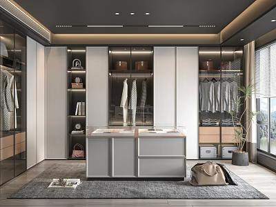 Modern Walk In Closet Interior With Storage Wardrobe And Island Counter 3d model