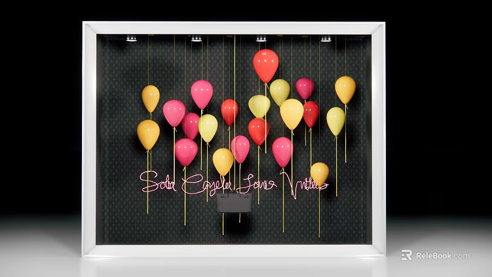 Inflatable Colorful Balloons With Engraved Love Words In White Frame Black Dotted Background 3d model 