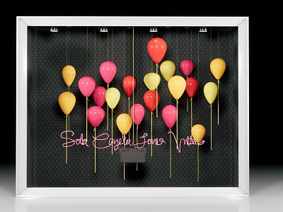 Inflatable Colorful Balloons With Engraved Love Words In White Frame Black Dotted Background 3d model