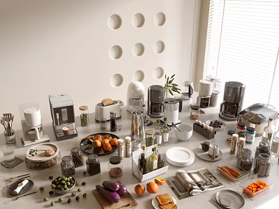 Dinnerware Set With Kitchen Appliances Fruits Vegetables Spices And Utensils On Countertop 3d model