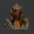 Decorative Tree Stump Shaped Building With Orange Structures Purple Flowers Stone Base And Entrance