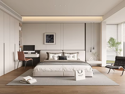 Modern Minimalist Bedroom Interior With Double Bed Wardrobe Desk And Decorative Rug 3d model