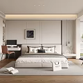 Modern Minimalist Bedroom Interior With Double Bed Wardrobe Desk And Decorative Rug