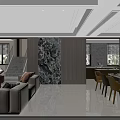 Modern Dining and Living Room Interior With Sofa Dining Table Yellow Chairs And Marble Wall