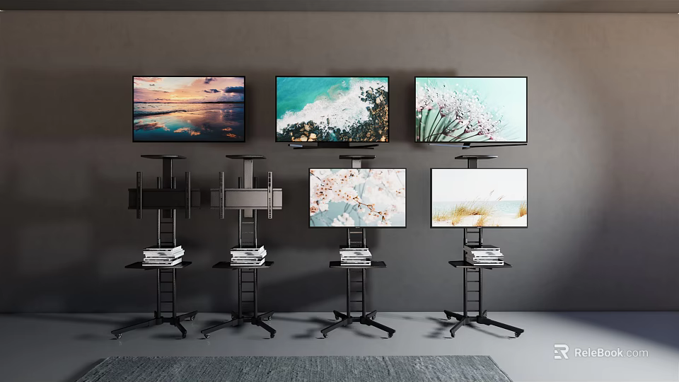 Elegant Modern Televisions In Interior With Scenic Images On Wall Mounts And Stands 3d model 