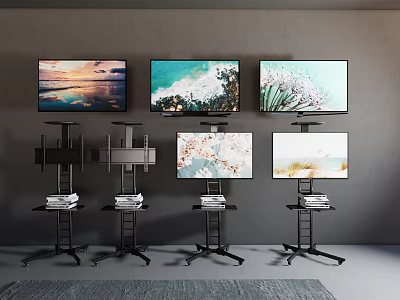 Elegant Modern Televisions In Interior With Scenic Images On Wall Mounts And Stands 3d model