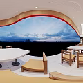 Korean Bibimbap Restaurant Interior With Red Curved Signboard Wooden Tables And Chairs