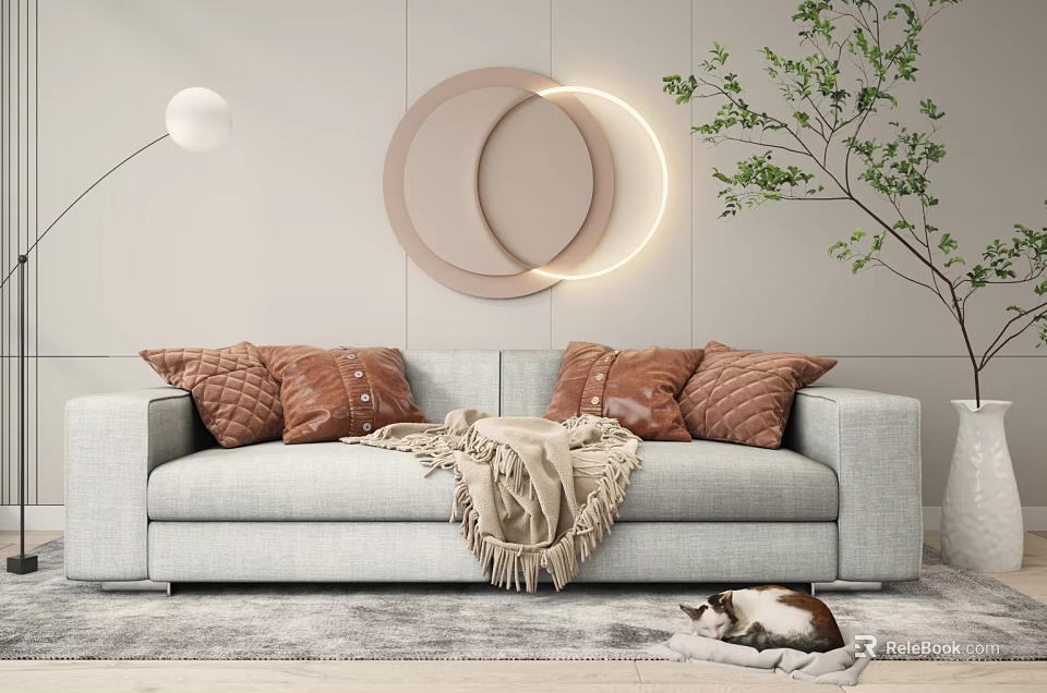 Light Gray Sectional Sofa With Brown Cushions Beige Throw Blanket And Cat On Rug 3d model 