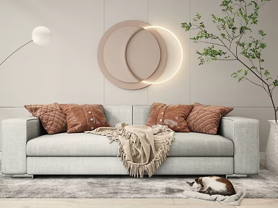 Light Gray Sectional Sofa With Brown Cushions Beige Throw Blanket And Cat On Rug 3d model