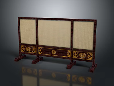 Traditional Three Panel Screen With Dark Wood Frame And Golden Carvings 3d model