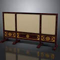 Traditional Three Panel Screen With Dark Wood Frame And Golden Carvings