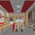 Bright Red Ceiling Restaurant Interior with Wooden Walls Tables Chairs and Menu Posters