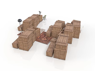 Wooden Crates Arranged As Outdoor Seating Setup With Grill Chair And Carpet 3d model