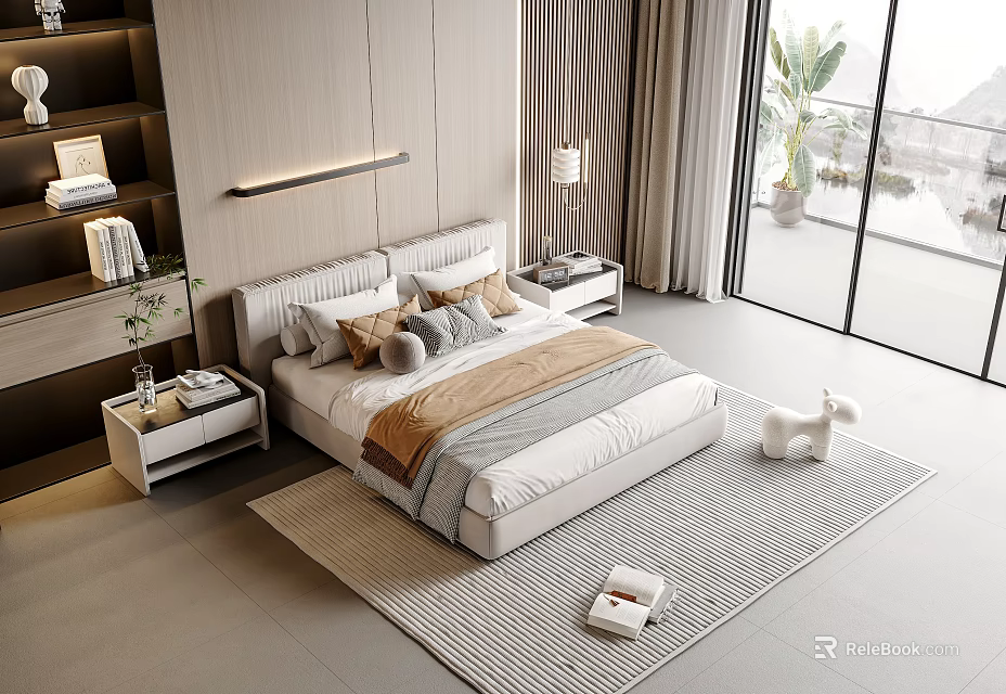 Modern Double Bed With Upholstered Headboard Pillows Nightstands And Rug In Bright Minimalist Bedroom 3d model 