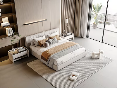 Modern Double Bed With Upholstered Headboard Pillows Nightstands And Rug In Bright Minimalist Bedroom 3d model