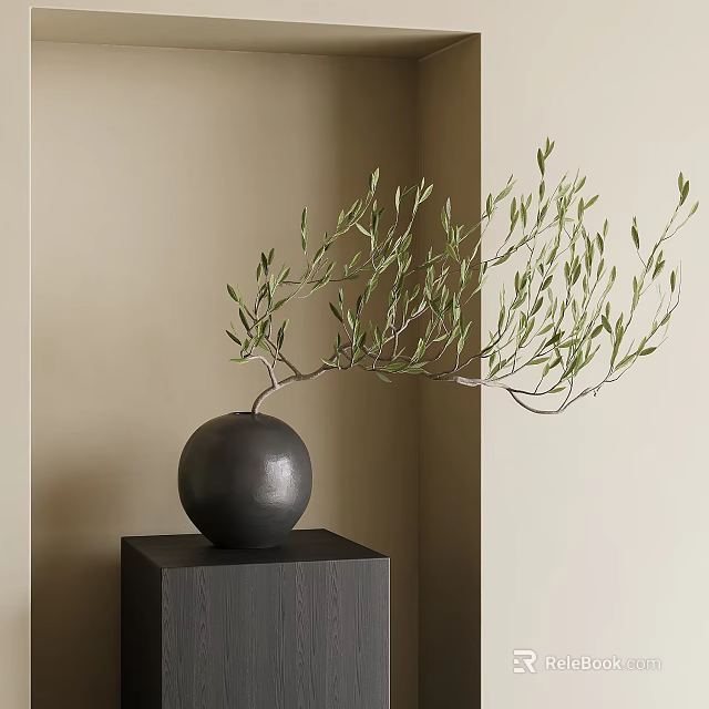 Black Spherical Vase with Green Olive Branches on Dark Wooden Pedestal against Beige Wall Background 3d model 