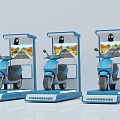 Blue Electric Scooters On Smart Charging Display Stands With Road Screens