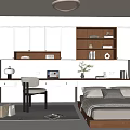Modern Tatami Bedroom Interior with Desk Bookshelf Computer Table Lamp and Decorations