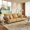 Brown Leather Three Seater Sofa With Cushions Coffee Table And Window Grass View 3d model