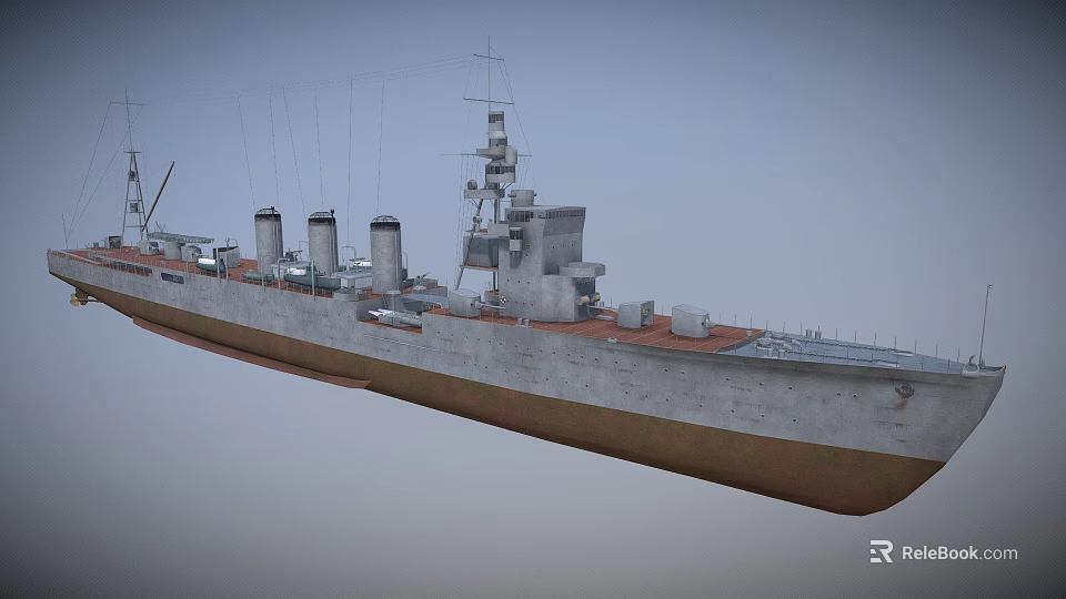 Vintage Warship With Multiple Funnels Tall Masts Gray And Brown Hull Deck Details 3d model 
